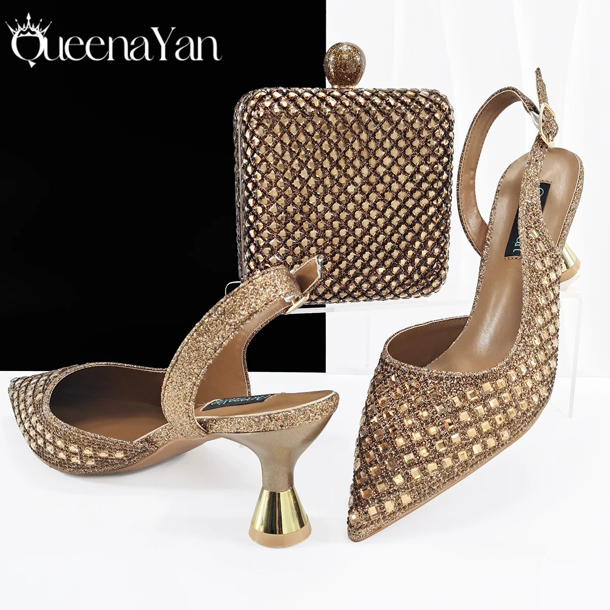 Queena Yan-Conjunto de zapatos y bolso elegantes para mujer, Color café, con nudo de perlas adornadas con diamantes de imitación completos y tacón cómodo