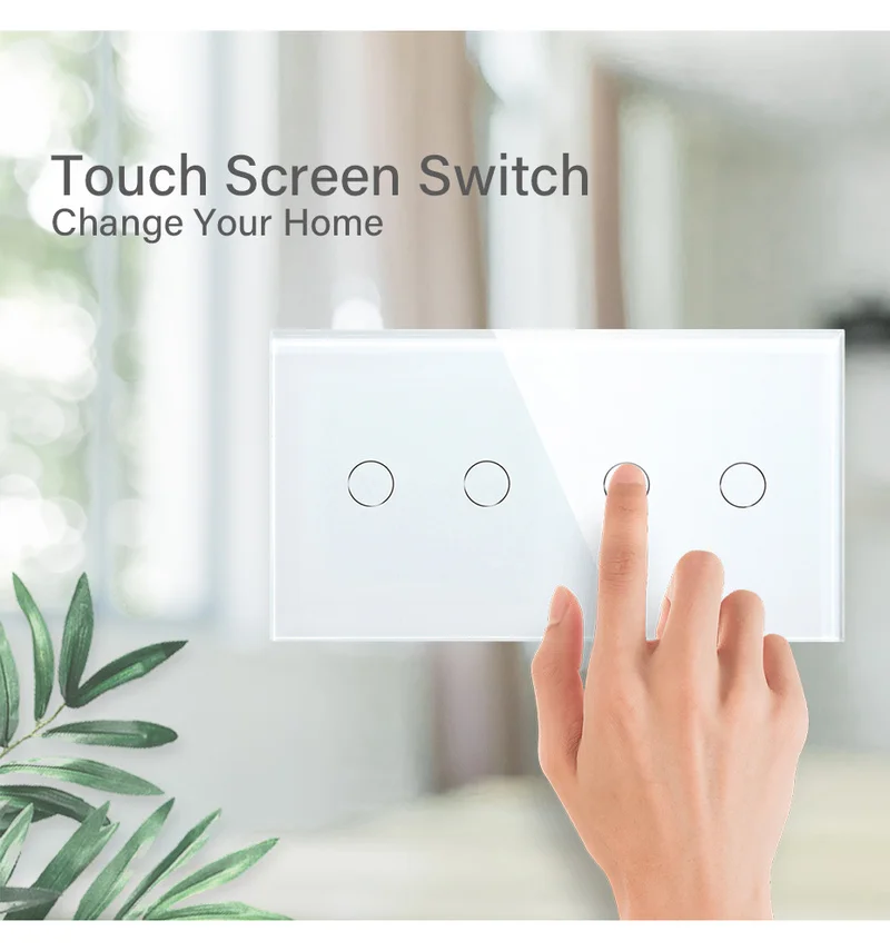 BINGOELEC Double Light Switches Touch Sensor Wall Interruptor Glass Panel 4Gang 2Way Stair Switches Dark Blacklight 300W/Gang