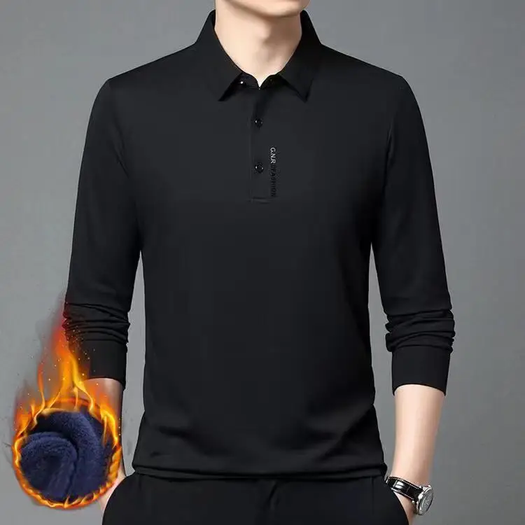 قميص بولو بأكمام طويلة للرجال في خريف وشتاء 2025 مع ياقة مخملية مضافة، قمة رجالية عصرية وغير رسمية