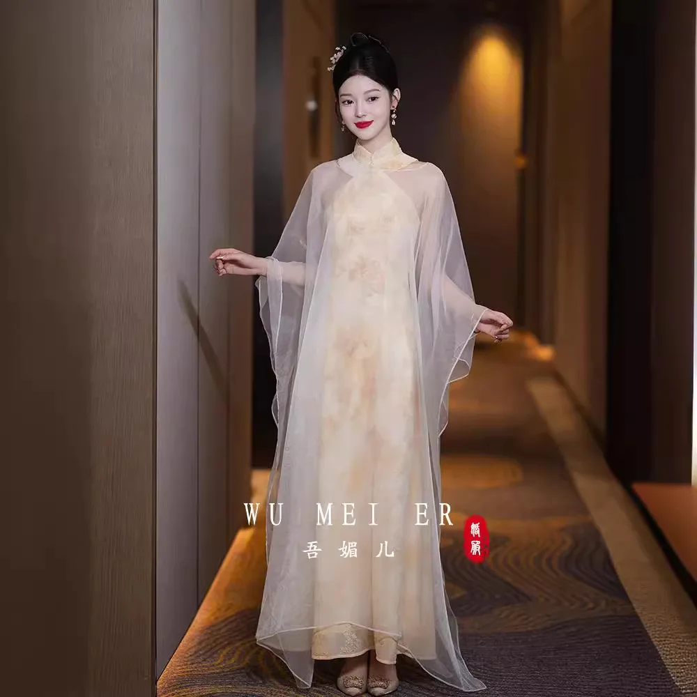 New Chinese Style Morning Gowns Dress Wedding Bride 2024 Toast Gauze Halter off-Shoulder Design Long