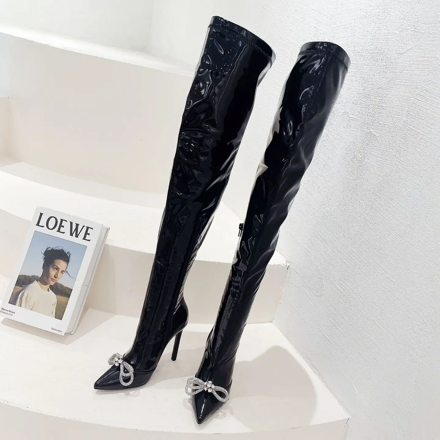 

Over Knee High Women Boots Butterfly-knot Pointed Toe Thin Super High Heel Solid Side Zip Stretch Boots Autumn Winter Lady Boots