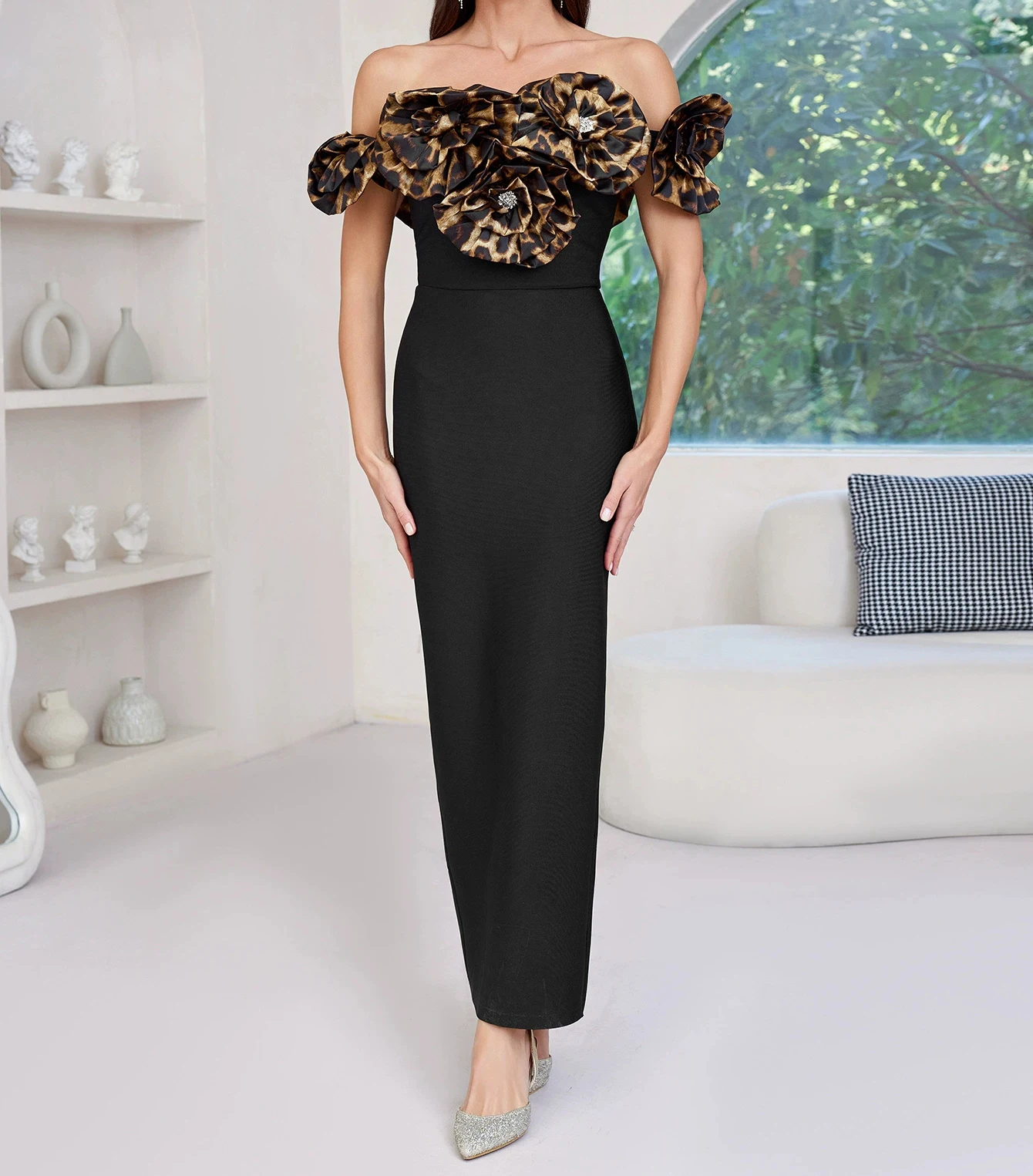 

2025 Women's Summer Evening Dress Sexy Sleeveless Leopard Flower Backless Bandage Dress High Waist Tight Skirt-GZXX1476