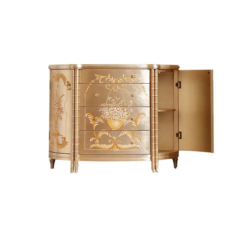 

French light luxury solid wood hand-painted bucket cabinet European champagne silver foil entrance cabinet study decoration