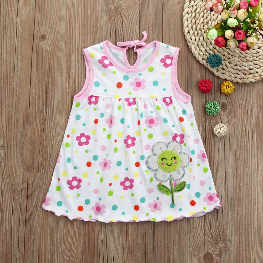 2024 Summer Dress Toddler Cute Baby Cotton Flower Children Dot Striped Tees Dress T-Shirt Vest детская одежда Ropa Para NiñAs