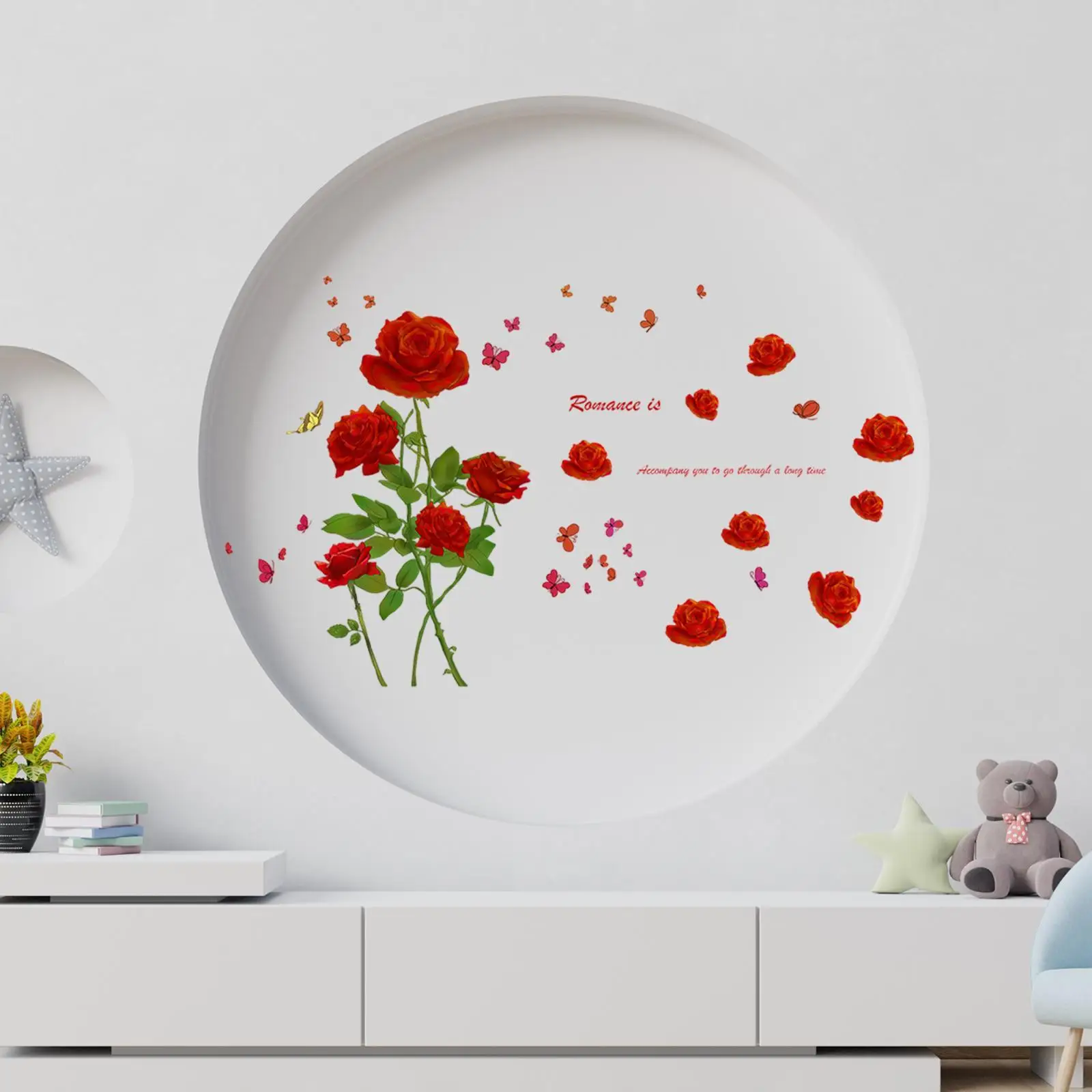 2x Rose Flower Wall Sticker Decals Anniversary Waterproof PVC Wallpapers Art Murals for Door Holiday Dining Room School Restroom
