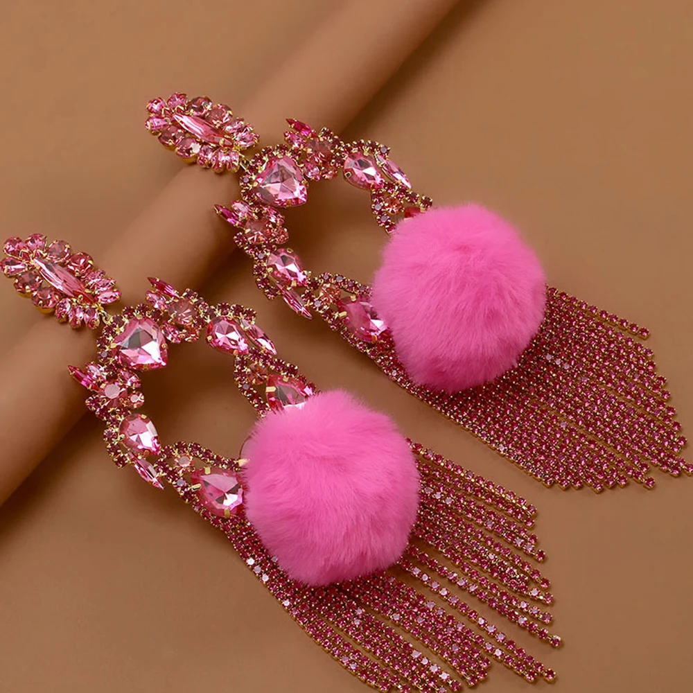 Hollow Pink Exaggerate Tassel Earrings Women Fur Pompon Decoration Statement Large Rhinestone Dangle Earrings Sparkly Jewelry