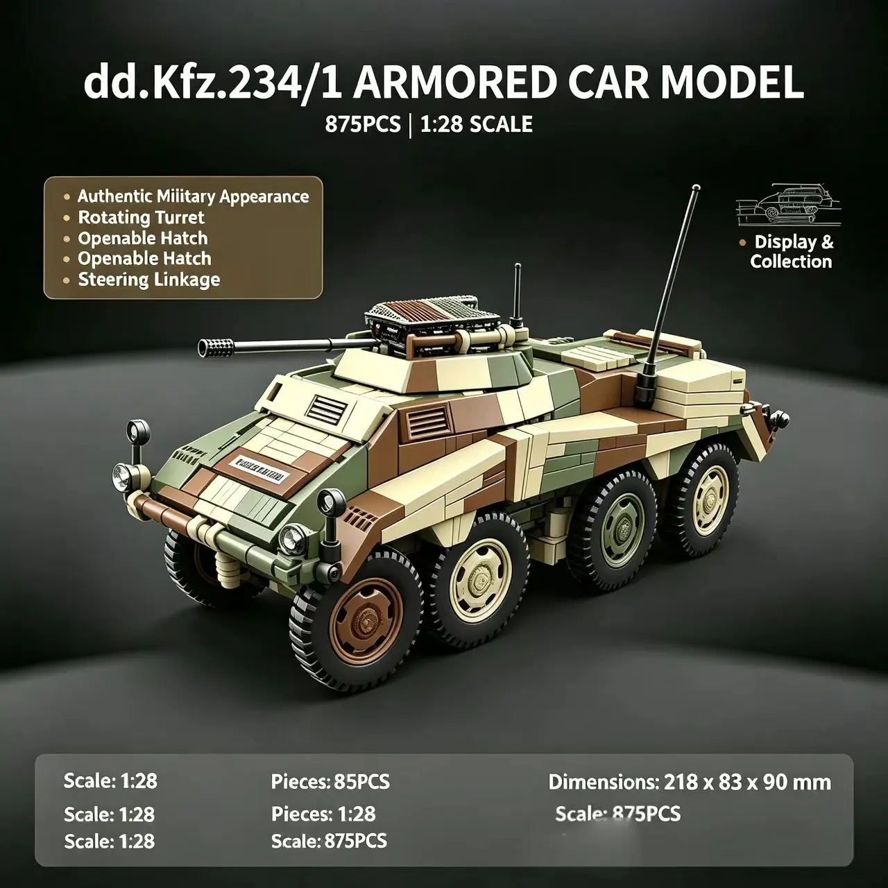 Quanguan 100322 Sd.Kfz.234/1 Armored Reconnaissance Vehicle Building Blocks, Military Model Assembly Brick Collection Toy