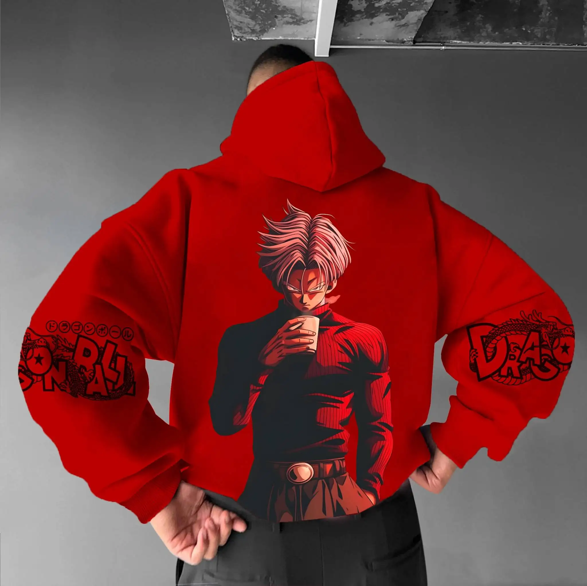 Dragon Ball Z Trunks Felpa con cappuccio e pantaloni rossi Set Uomo Donna Personaggio anime Stampa Completo in due pezzi con logo nero e design Dragon