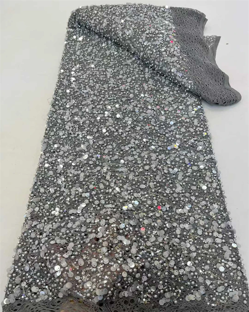 アフリカンスパンコールレース生地 2025年 5ヤード 高品質レース フランスナイジェリアビーズレース生地 ドレス、ウェディング、パーティーの縫製用
