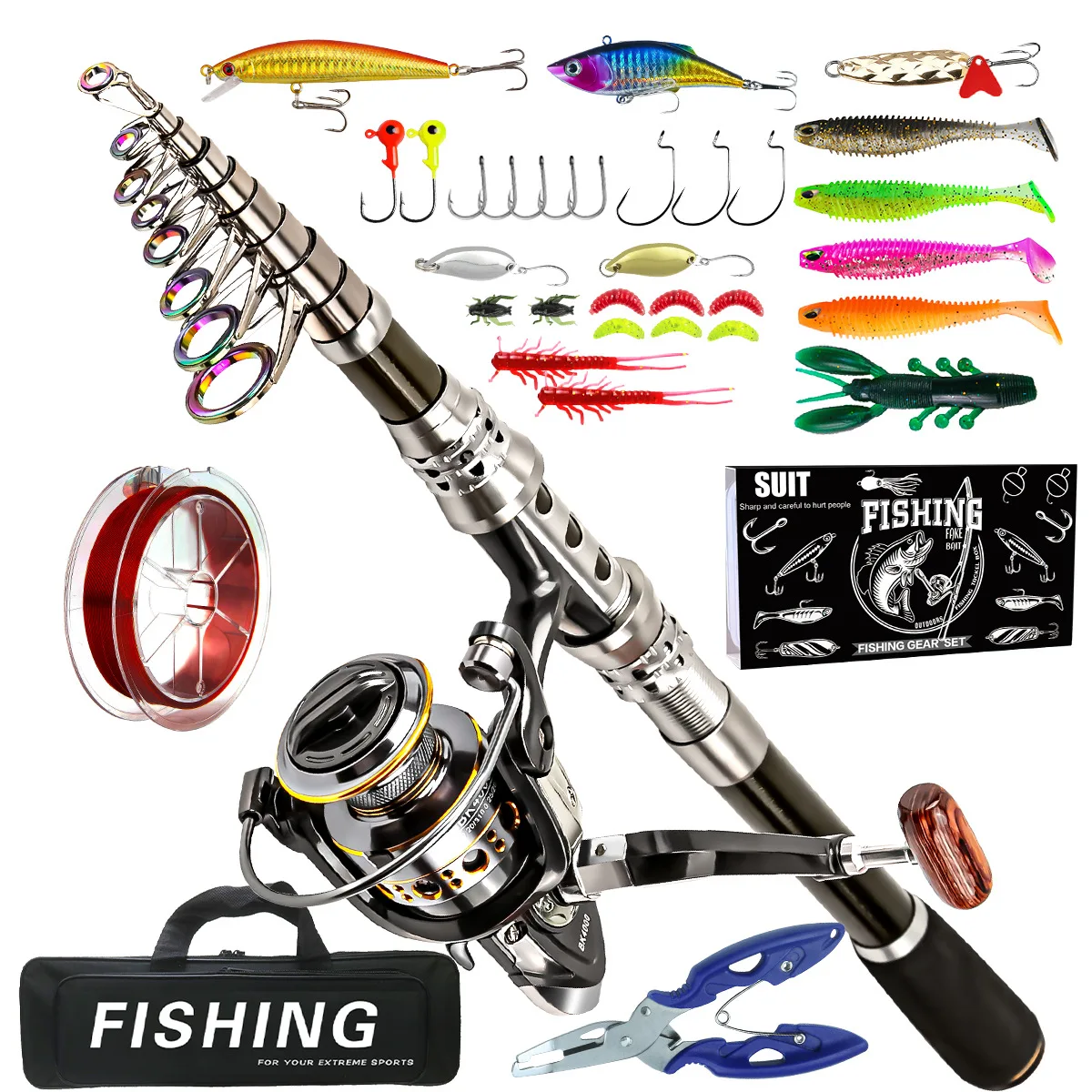 

Fishing Pole Set Full Kits With Telescopic Fishing Rod And Spinning Reel Baits Hooks Travel Pole Set