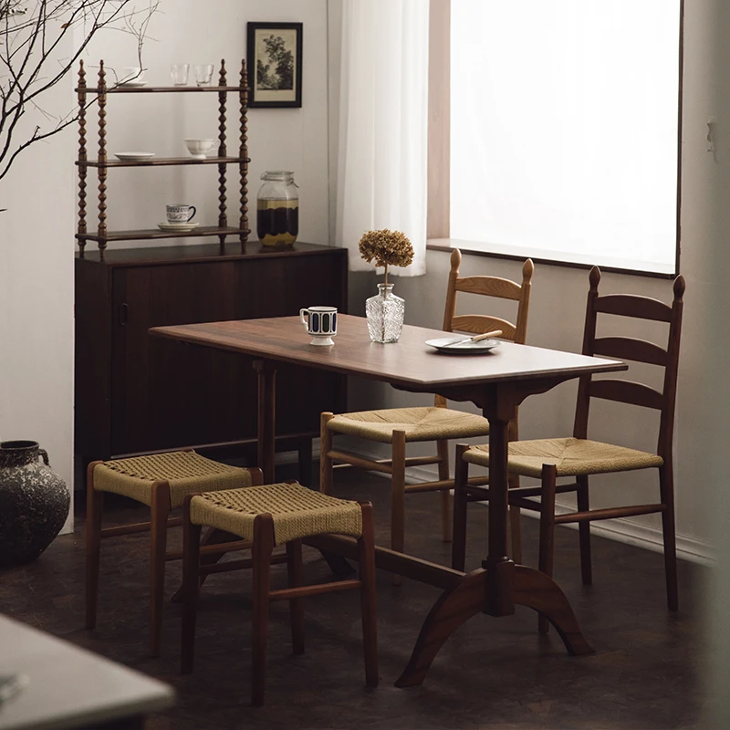 Vintage furniture of antique solid wood square stool with branches and shades, home dining stool and rope weaving for shoes