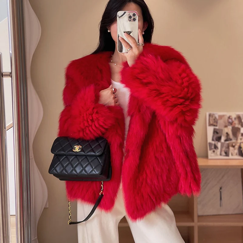 Real Fur Coat Women Luxury 2023 Winter Navy Collar Encryption Double Woven Warm Blue/Pink/Brown Fox Fur Jacket Doudoune Femme