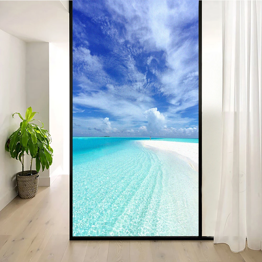 Static Cling Window Film Privacy Heat Control Anti UV Blocking Window Stickers Blue Sea Decorative Frosted Window Film