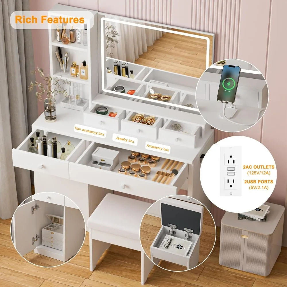 مكتب مكياج مع مرآة وأضواء LED، مكتب مكياج مع أضواء 3 ألوان، مكياج مع 5 أدراج و3 أرفف، Vanity Ta #2