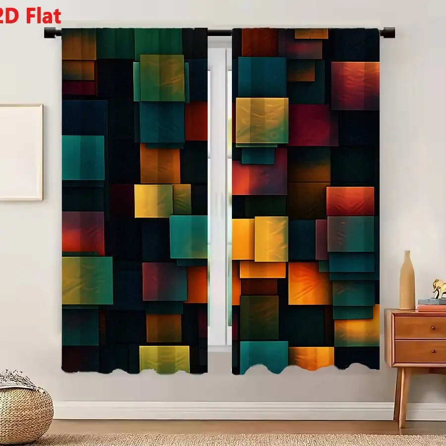 2Pcs Curtains 2D Flat Abstract Mosaic Grid Tiles With Deep Blues Teals Warm Oranges And Magenta Geometric Design Window Drapes f