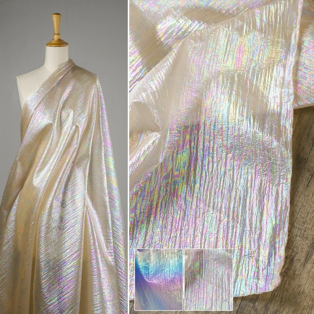 Beige-Camel Gradient Iridescent Tulle | Laser Dyed Wrinkled Fabric for Performance Costumes & Skirts