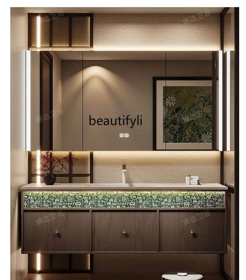 

Medieval style bathroom cabinet rock slab hot bending integrated basin combination walnut washing table wash basin