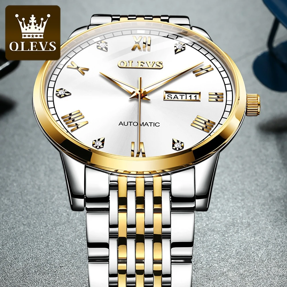 OLEVS 6602 Fashion Mechanical Watch Gift Stainless Steel Watchband Round-dial Wristwatch Week Display Calendar Luminous