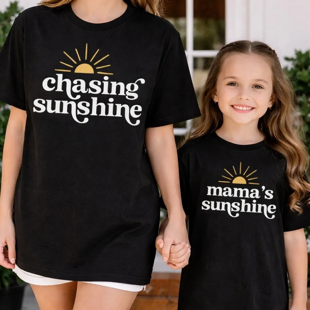 Mommy & Me Matching T-Shirt Chasing Sunshine Retro Mama Baby Tees Fashionable Parent-child Activities Summer Clothes
