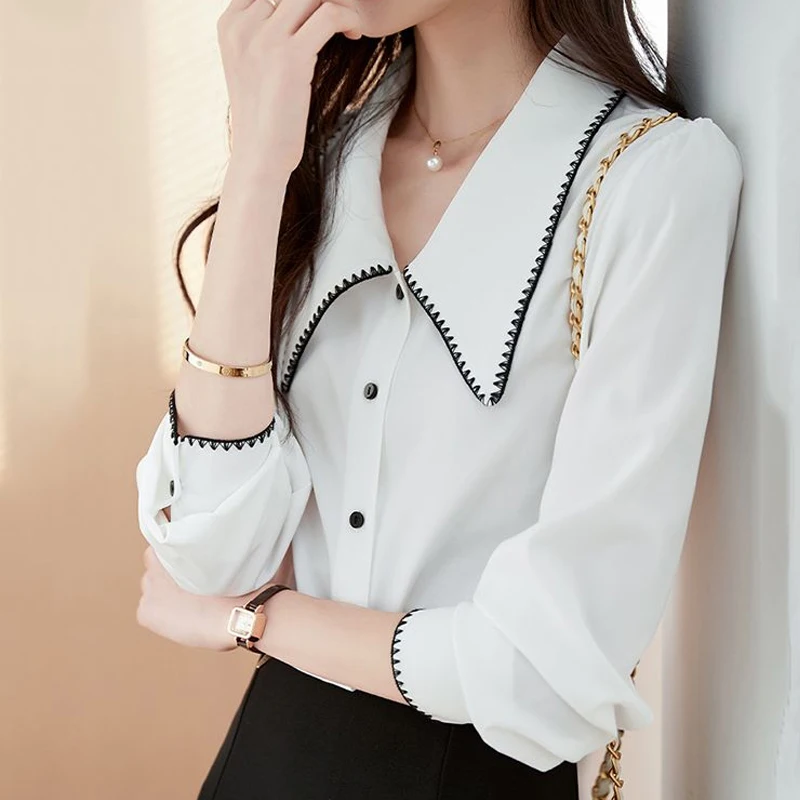 Temperament Button Loose Blouse Spring New Long Sleeve Polo Neck Office Solid Chiffon Shirt Tops Fashion Elegant Women Clothing