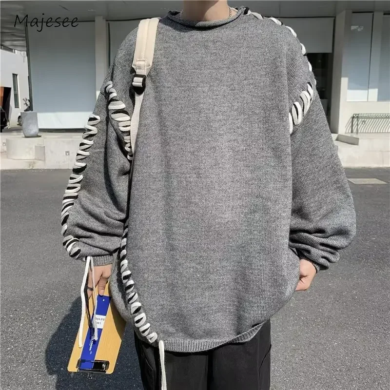 

Mens Sweater Loose Retro Ribbons Solid Color Winter Warm Streetwear Male Pullovers American Style Fashion Knitting O-neck Daily