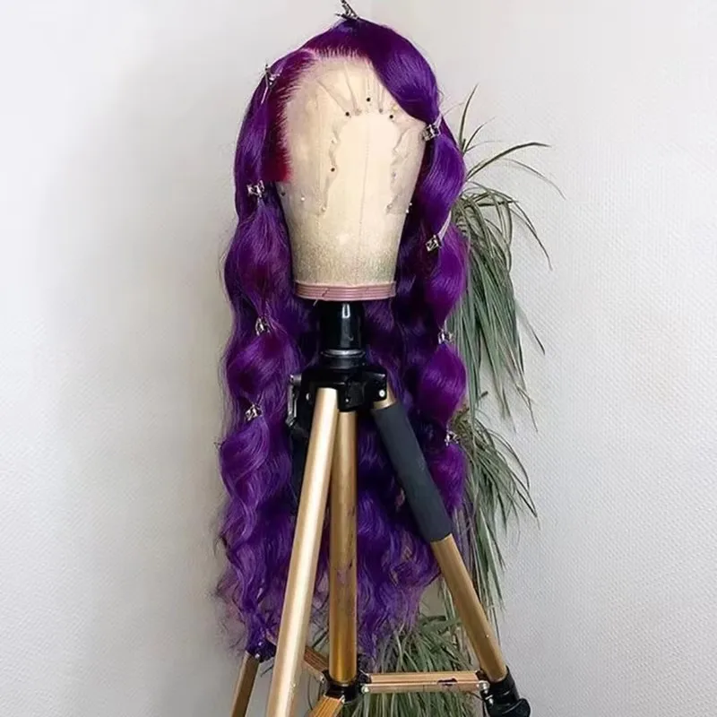 Mxwig rambut sintetis ungu lembut tubuh gelombang 13X4 renda depan Wig untuk wanita tanpa lem sebelum tahan panas Cosplay