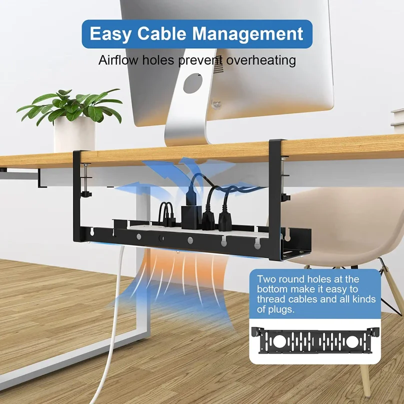 No Drilling Extendable Under Desk Cable Management Metal Cable Tray Under Desk With Clamp Retractable Power Strip Cord Holder - view 5