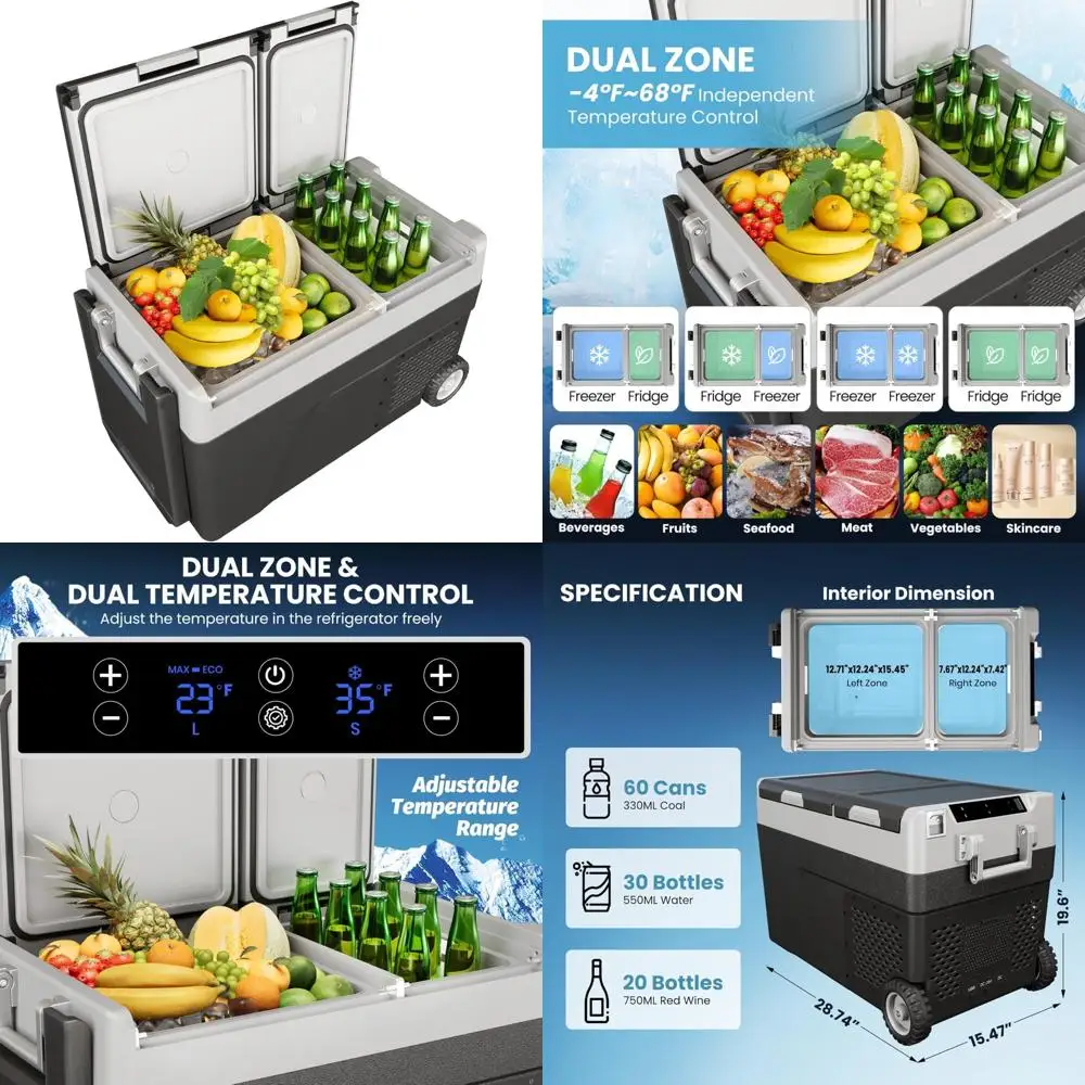ثلاجة سيارة محمولة سعة 48 لترًا مع عجلات، وتوافق الجهد المزدوج (12/24 فولت تيار مستمر و110-240 فولت تيار متردد)، والتحكم في تطبيق الهاتف الذكي