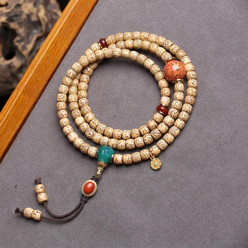 108-bead natural star-and-moon bodhi seed prayer beads bracelet,made from aged barrel-shaped beads in a Tibetan-style collection