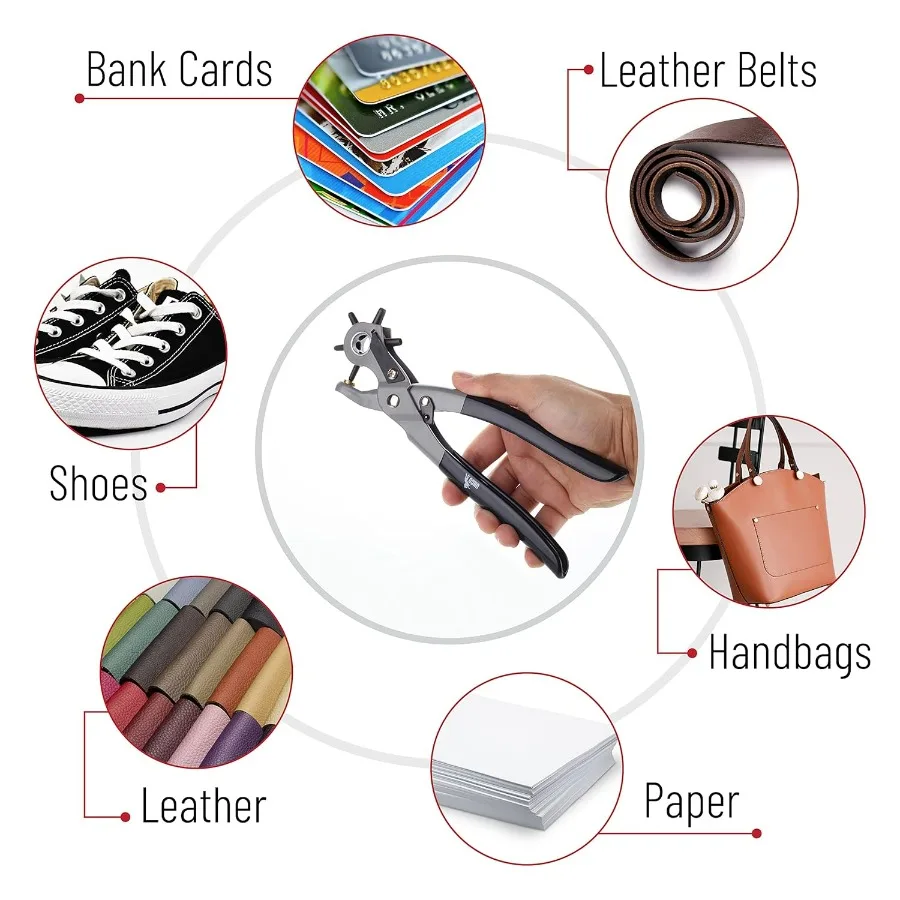 เครื่องเจาะรูหนังพร้อมขนาดรูหลายขนาด สำหรับงานเจาะรูที่แม่นยำและมีประสิทธิภาพ เหมาะสำหรับงานประดิษฐ์หนังและเข็มขัด ใช้ในงาน DIY ได้