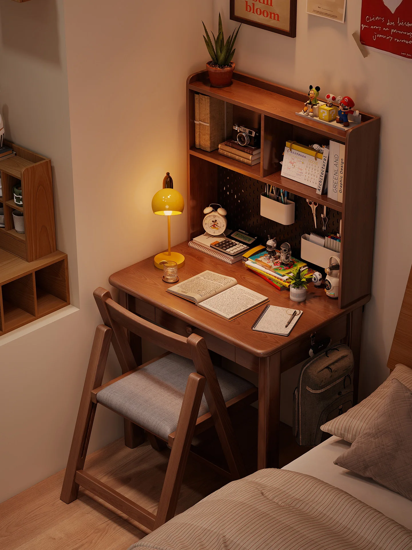 

Solid wood desk, bookshelf, integrated table, household bedroom, computer desk, small apartment, Doudou board, high school stude