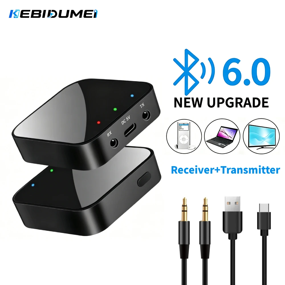 KEBIDUMEI Bluetooth 6.0 Audio-Empfänger-Sender, 3,5 mm AUX, Stereo-Musik-Wireless-Adapter für Auto-Kit, PC, TV, Lautsprecher, Kopfhörer