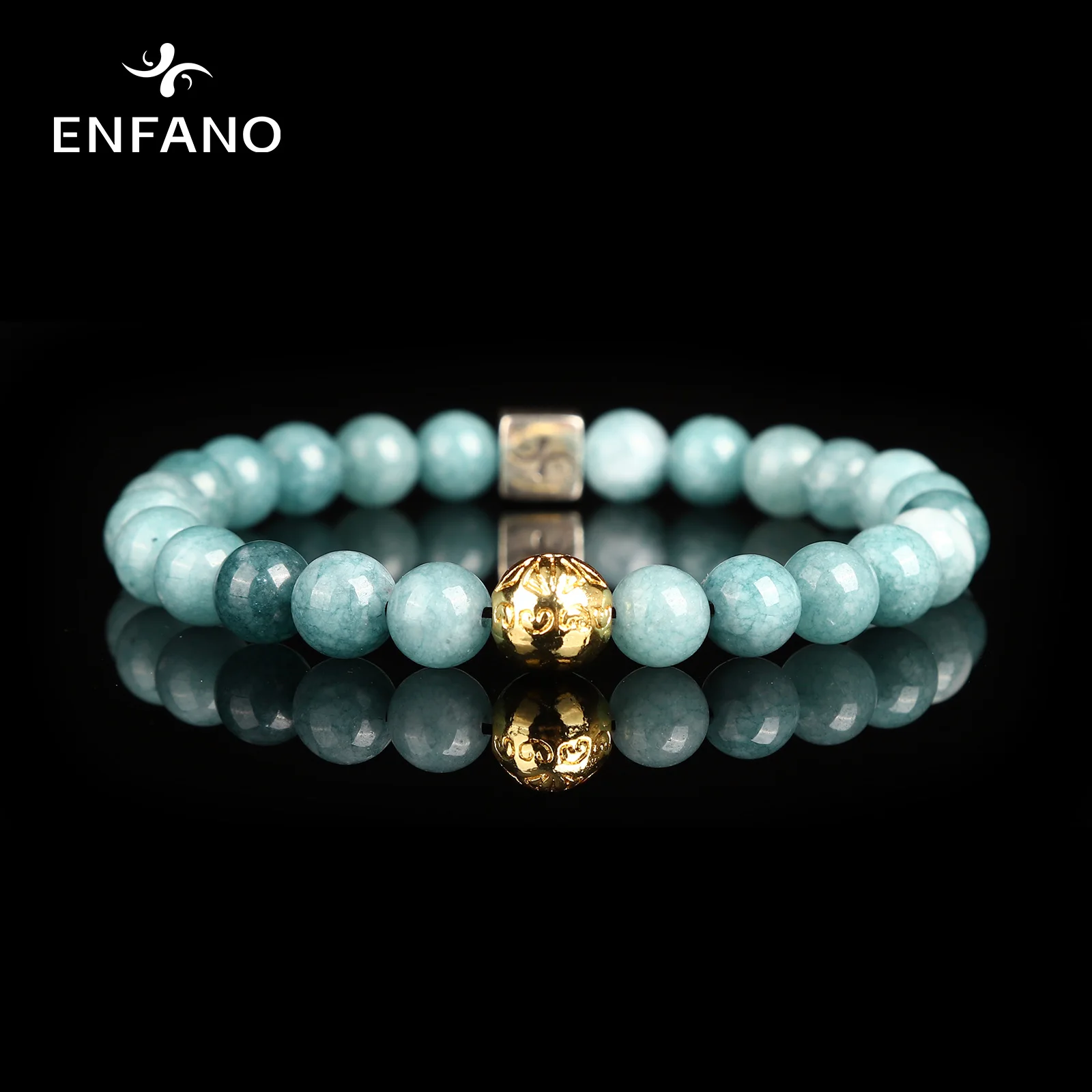 

ENFANO Aquamarine Bracelet 8mm Round Bead Bracelet Fashion Women Birthday Gift Size Name Text Personalized Custom Jewelry