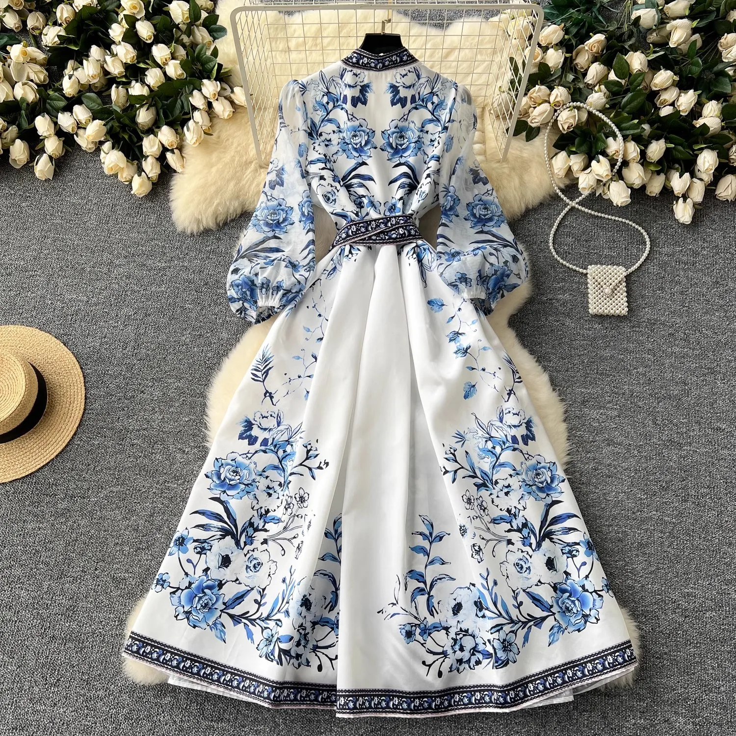 Alta qualità nuova moda Vintage splendido fiore vacanza lungo donna scollo a V Lace Up Bow Boho Casual Party Summer Spring Dresses