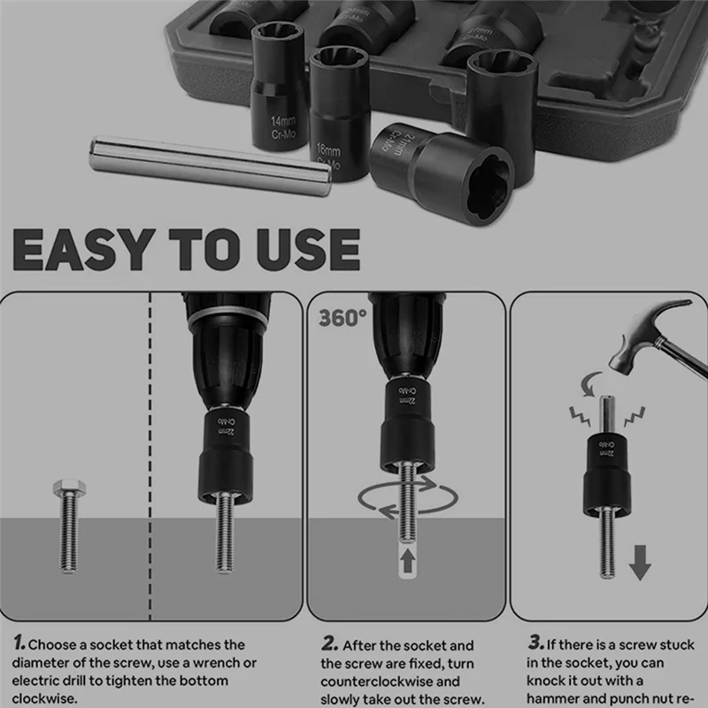

9Pcs Set Nut Extractor Damaged Incomplete Screw CR-V Black & Silver Broken Wire Extractor