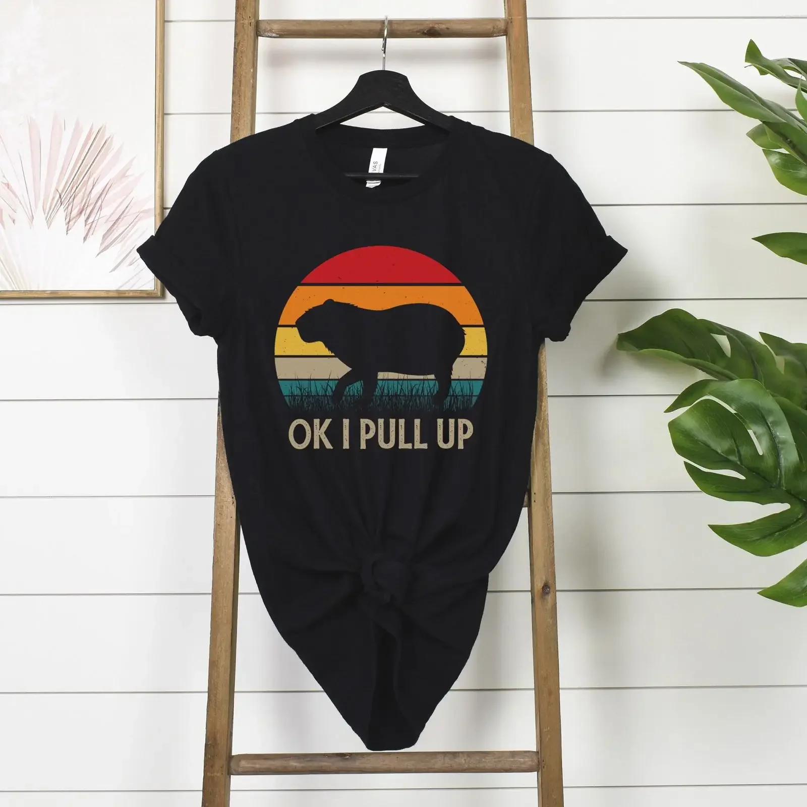 OK I Pull Up Capybara Funny Vintage Sunset T Shirt Casual Animal Meme for Lovers vintage Washed Stylish Versatile Stretched