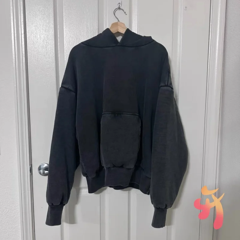 

2XL сверхмощные двухслойные толстовки Kanye, винтажные черные пустые хлопковые толстовки большого размера, американская уличная мужская и женская толстовка