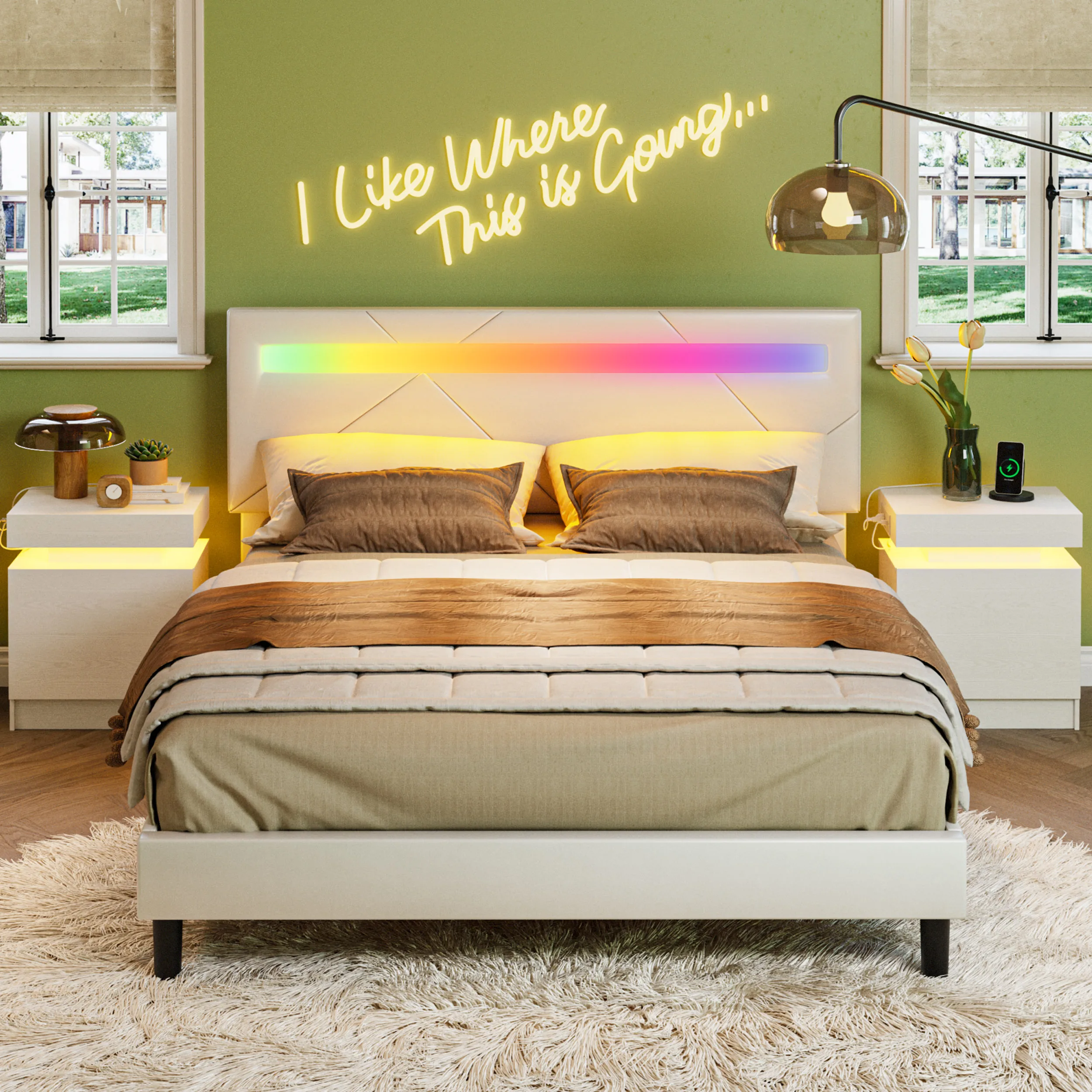 LIKIMIO Bed Frame with LED Lights(Smart APP Control), PU Leather Upholstered Platform Bed with Headboard, White