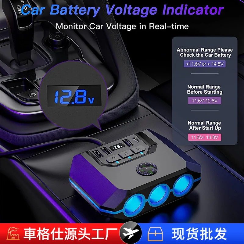 Car Charger 120W 3 Socket Cigarette Lighter Splitter 4 USB Ports Power Adapter LED Voltage Display Independent Switch Car Phone