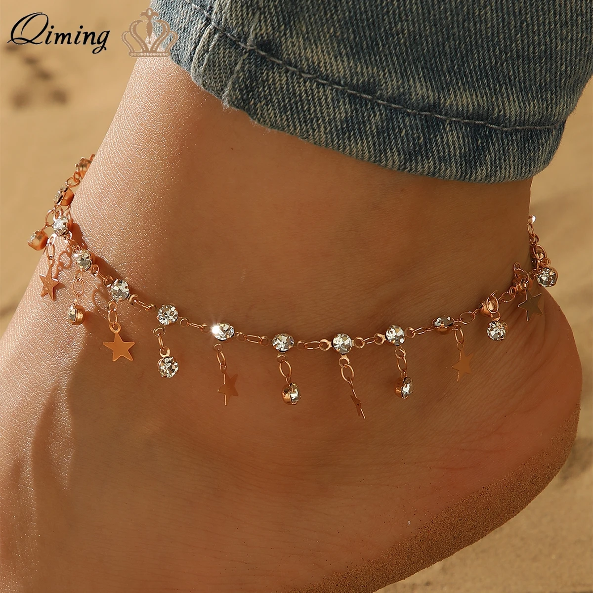 QIMING Summer Zircon Star Pendant Anklet Chain Bracelet On The Leg For Women Crystal Luxury Jewelry Beach Anklets Gift