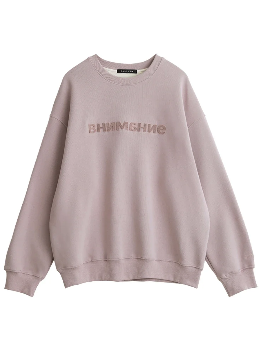 CHIC VEN Women Sweatshirts Casual Streetwear Pullover Loose New O Neck Embroidered Letter Plush Female Top Spring Autumn 2024