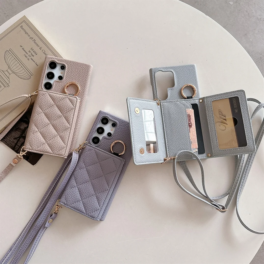 

Luxury Crossbody 3D Grid Leather Card Slot Wallet Case For Samsung Galaxy S25 S26 Ultra S24 FE S23 Plus S22 Mirror Makeup Cover