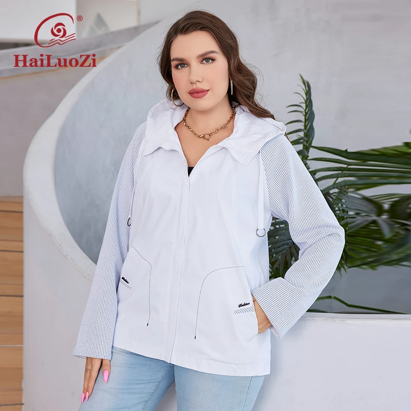 HaiLuoZi 2023 New Autumn Women Trench Coat Plus Size Solid Color Short Spliced Hooded Jacket Slant Pocket Female Outwear 729