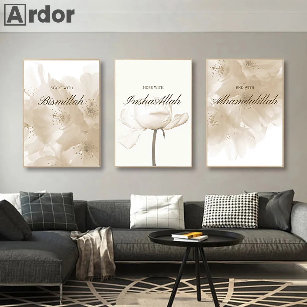 

Bismillah Islamic Canvas Print Flower Muslim Quotes Poster Arabic Calligraphy Painting Wall Art Pictures Living Room Home Decor