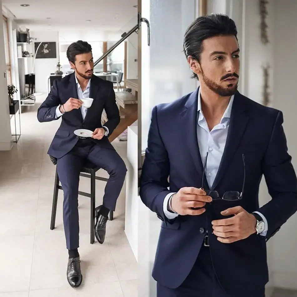 2024 Blue Business Suits For Men Smart Casual Slim Fit Blazer Hombre High Quality Custom 2 Piece Set Jacket Pant Costume Homme