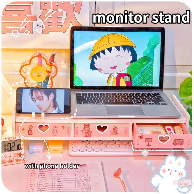 kawaii desktop monitor stand computador de madeira portatil elevado suporte com gavetas organizador de armazenamento de mesa rosa bonito suporte do monitor 01