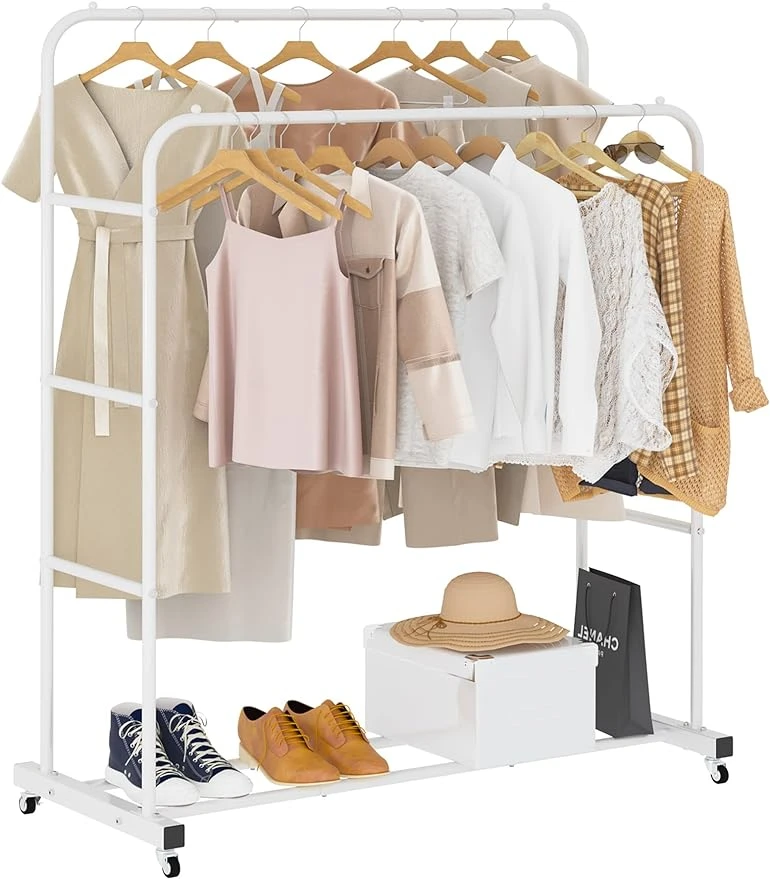 

White Double-layer Pole Clothes Hanger with Wheels, Hanging Clothes Hanger Clothes Rack Stand