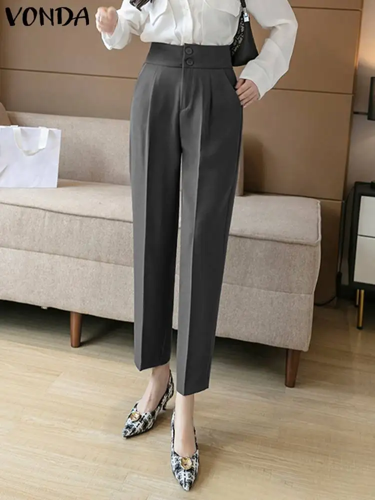 

VONDA Women Fashion Pants High Waist Trouses 2024 Summer Capris Casual Loose Pockets Loose Solid Color Long Harem Pants Oversize