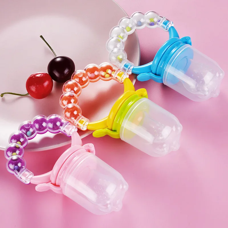 Chupete alimentador de frutas para bebé, con mango de sonajero para alimentos frescos y vegetables, anillo seguro para alimentación, chupete alimentador con campana, 1 ud.