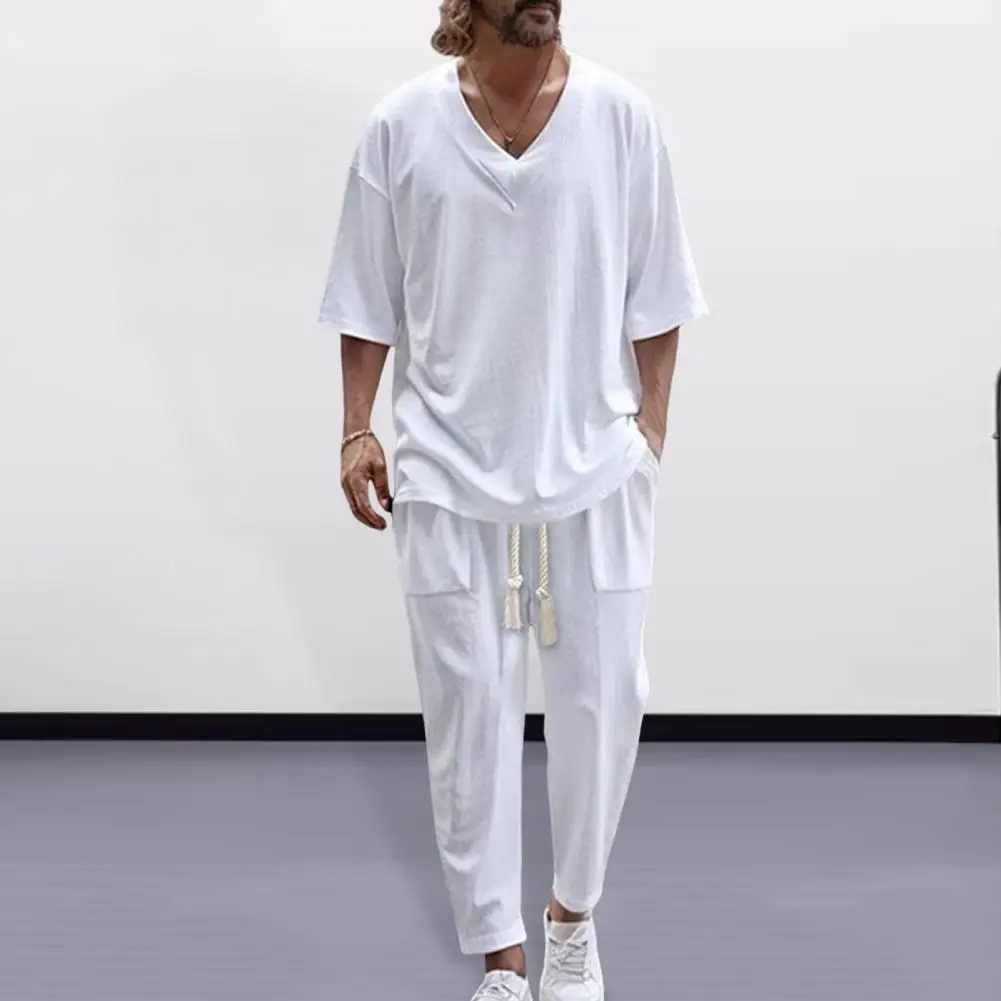 

Spring And Summer Mens Sets Short-Sleeved Shirt Sports Pants 2-Piece Suits For Men Pants Set Solid Color Tracksuit